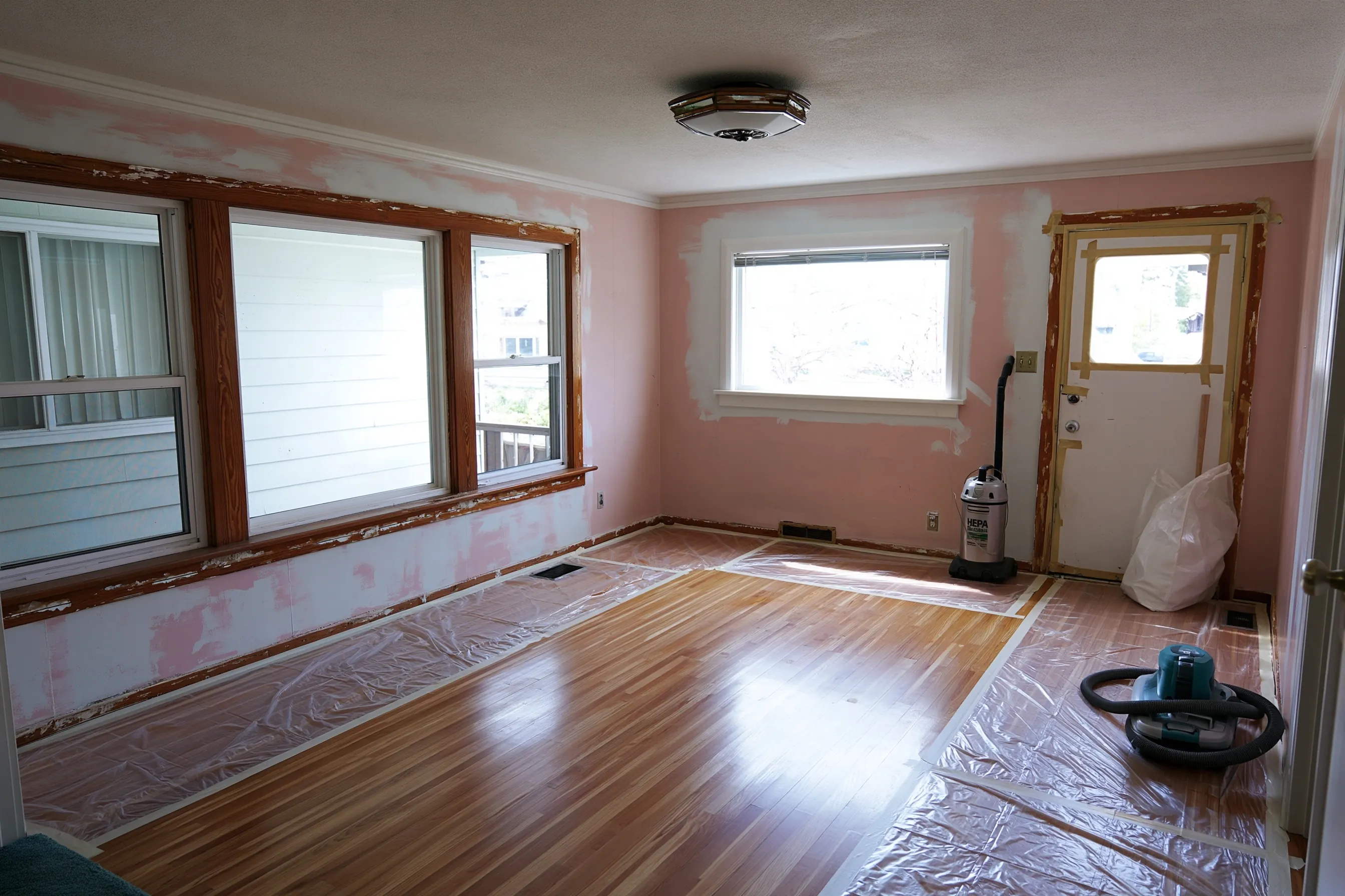 Empty living room with patched pink walls, worn wood window and door casings, plastic runs on the floor, two vacuums and a bagged waste sack