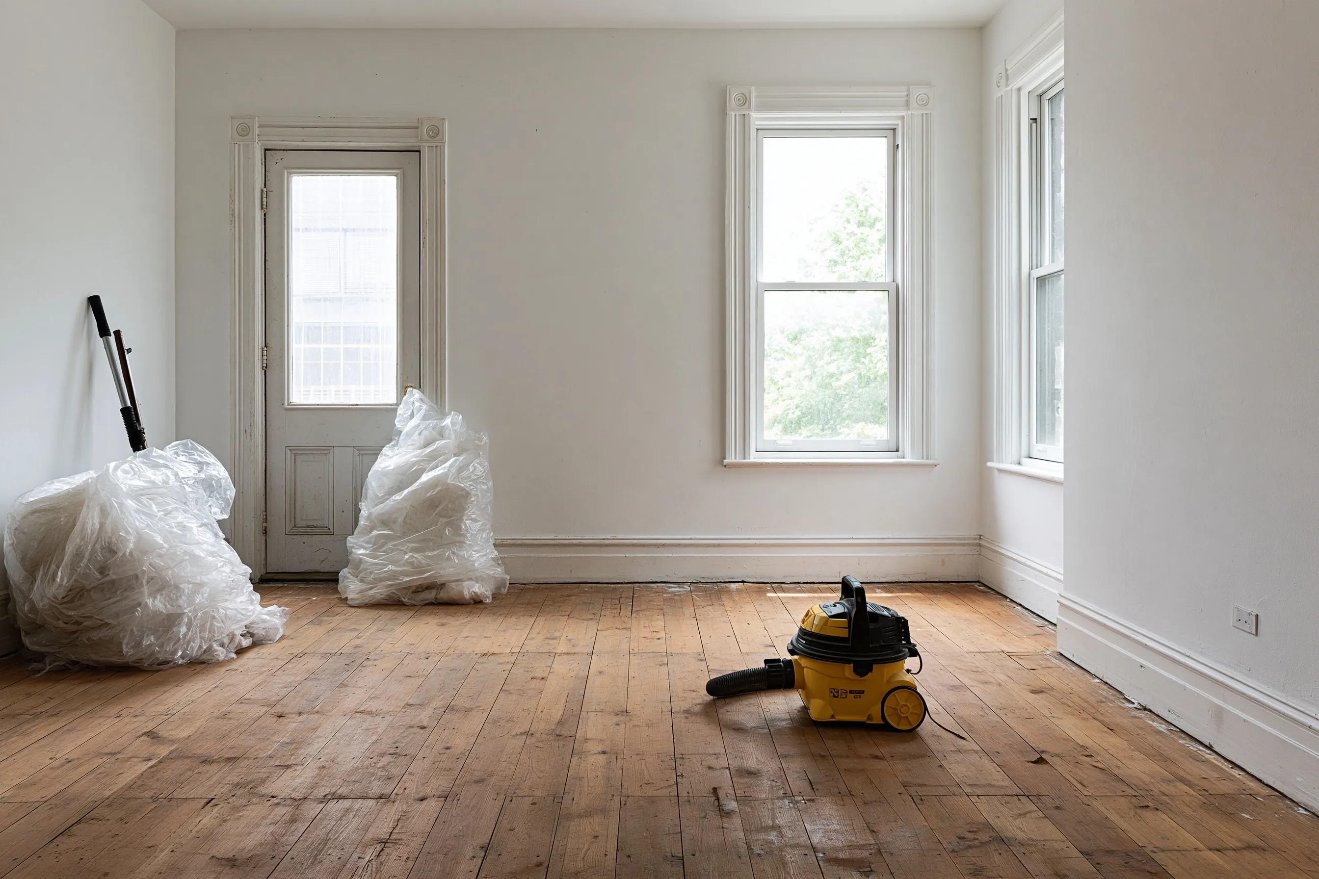 Clean empty room after renovation with a bare wood floor, bagged plastic sheeting and a shop vacuum
