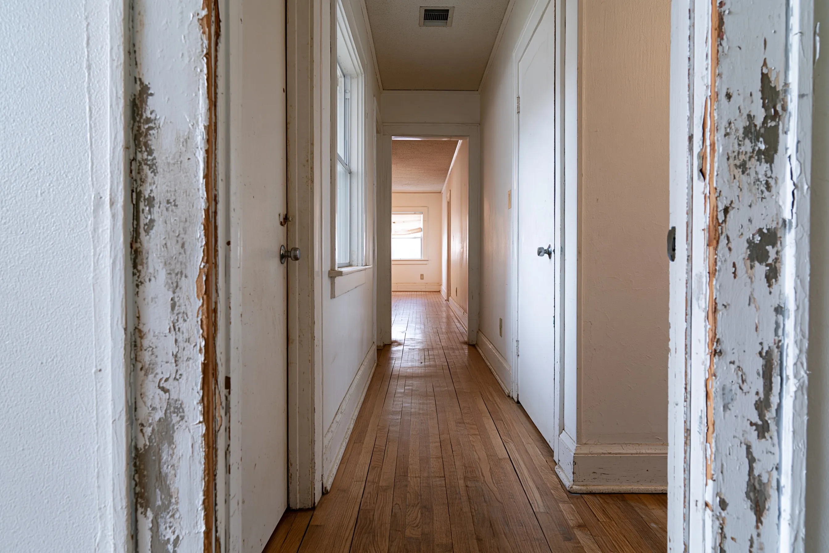 Painted wood door frame, baseboard and window trim with worn paint inside a 1960s-70s North Texas house