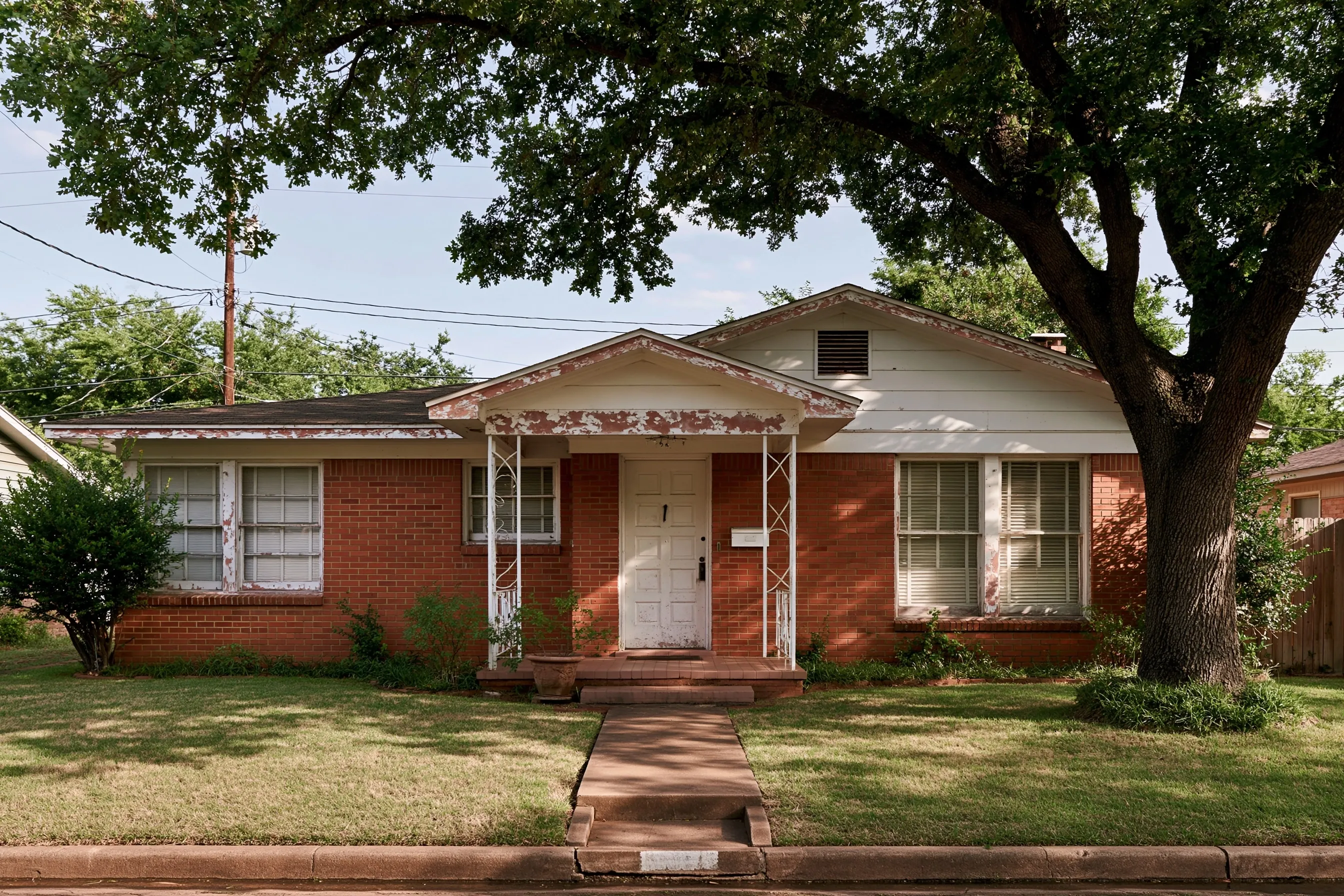 Single-story 1950s North Texas brick ranch house with peeling painted wood trim, fascia and window frames