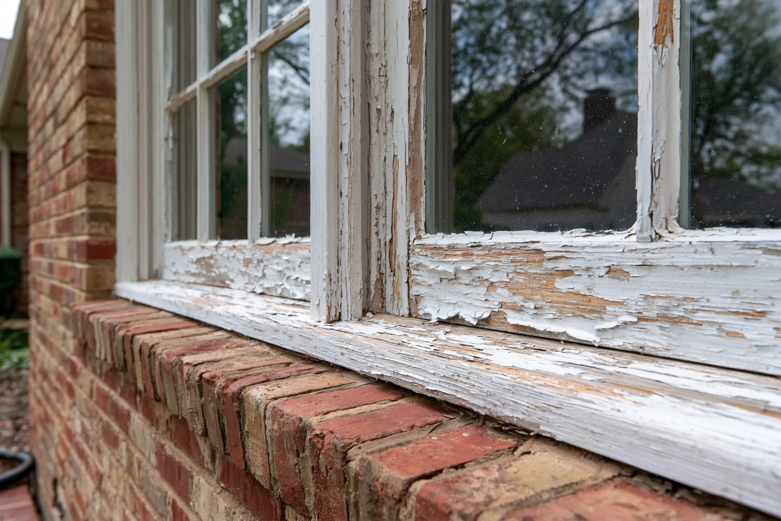 Close view of old white wood windows with divided upper panes and sills peeling to bare wood in a brick wall